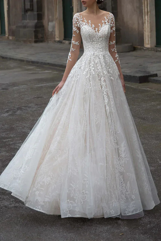 A-Line Illusion Three-Quarter Sleeve Floor-Length Wedding Dress - Yihuiw by Yihuiw
