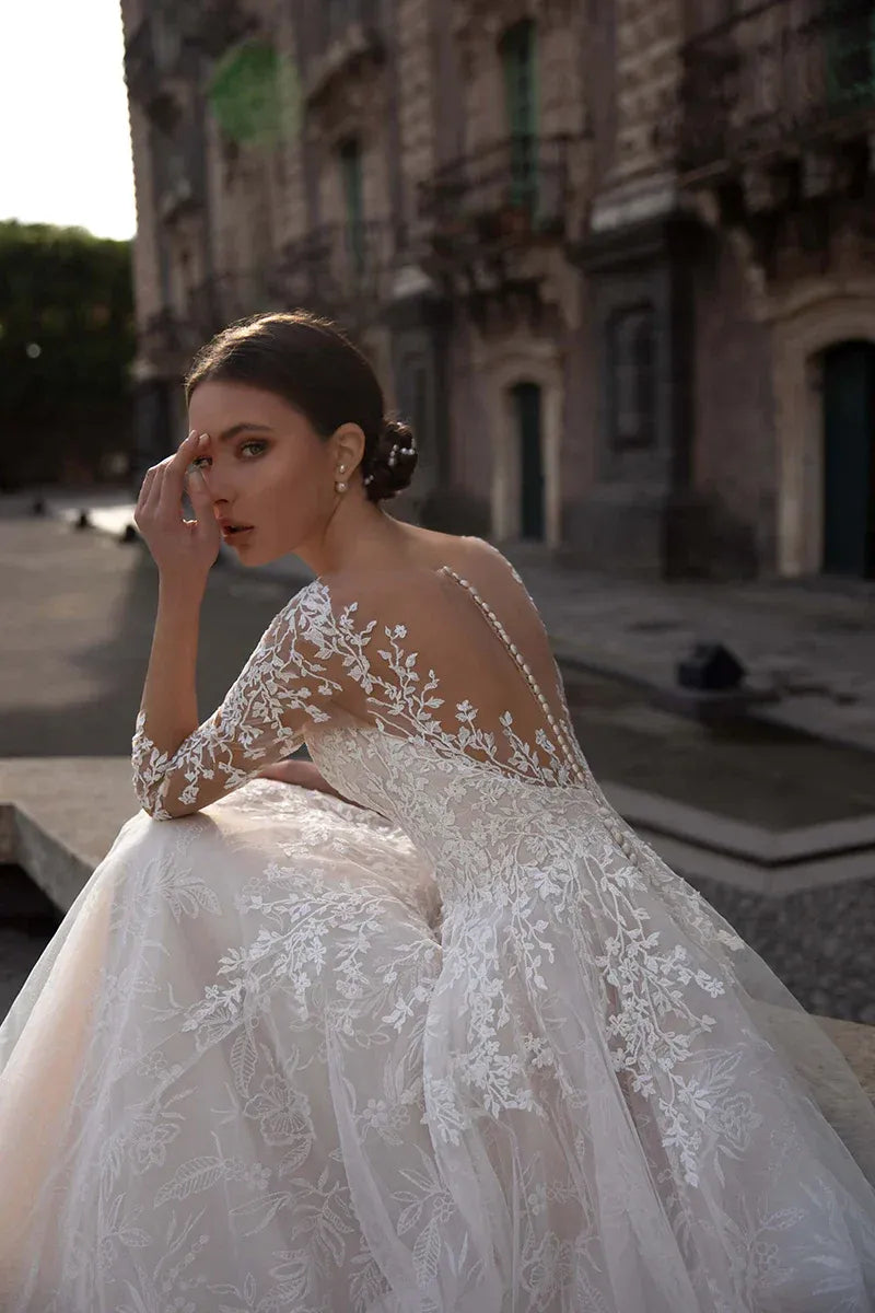 A-Line Illusion Three-Quarter Sleeve Floor-Length Wedding Dress - Yihuiw by Yihuiw