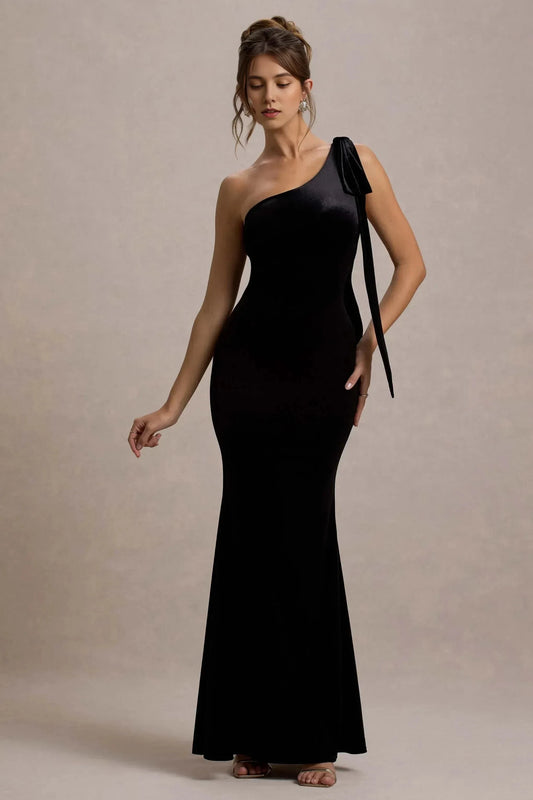 Opulent Mermaid One Shoulder Bow Accent Sleeveless Floor Length Prom Dress by YiHuiw