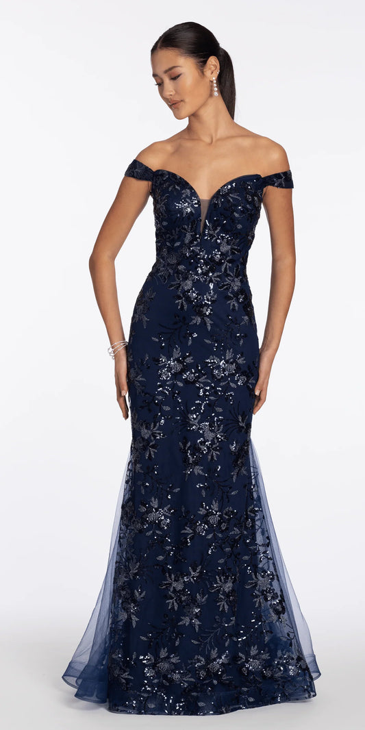 Opulent Evening Dress with Off-the-Shoulder Neckline, Sequin Floral Embroidery and Mermaid Train