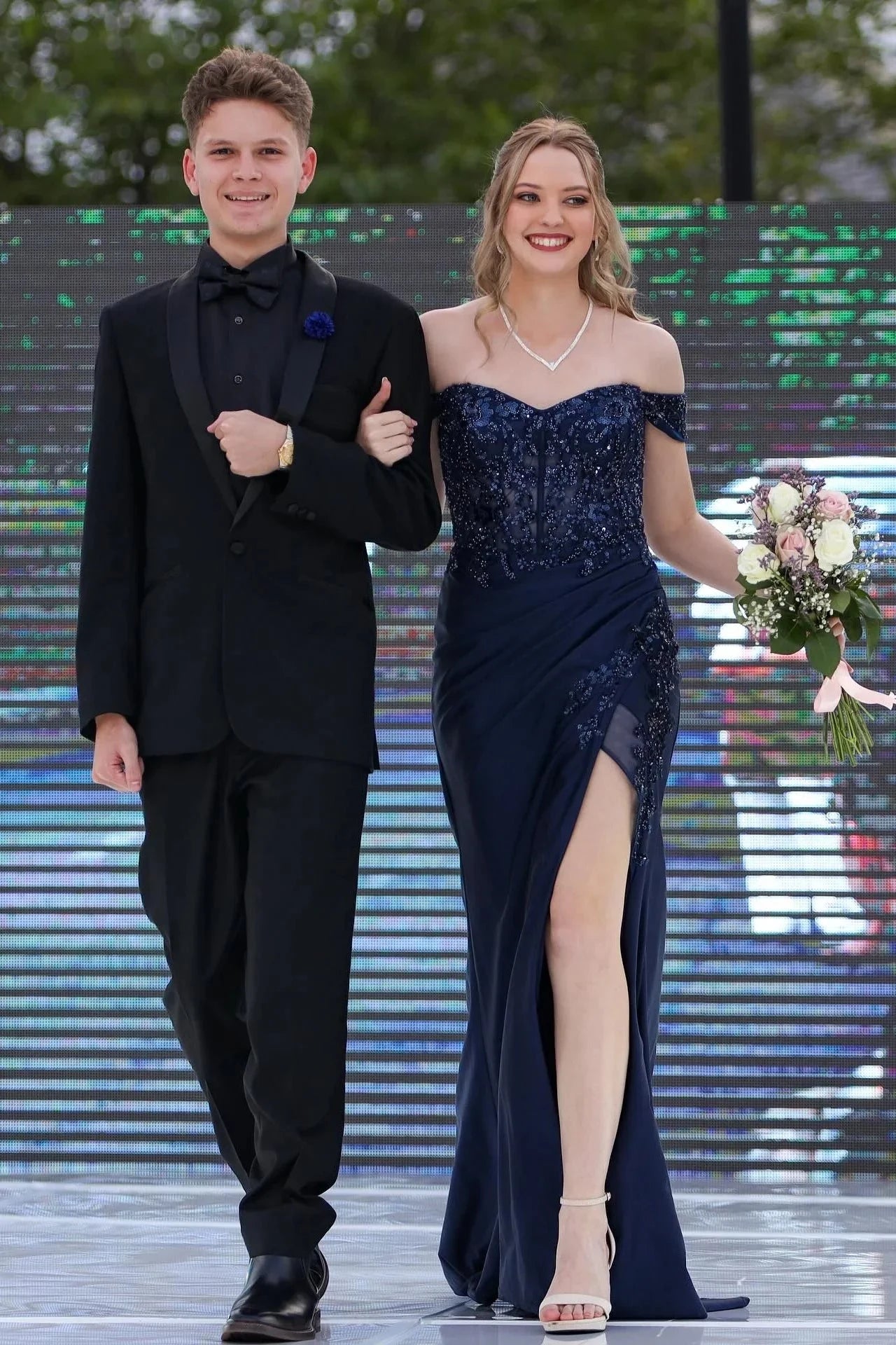 Opulent Off-the-Shoulder Prom Dresses with Beaded Lace Bodice, Sheer Illusion Panel, High Slit and Form-Fitting Satin Mermaid Silhouette Formal Gown by JiMiss Dresses