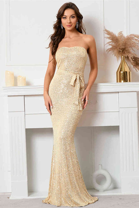 Opulent Sequin Evening Dresses with Strapless Sweetheart Neckline, Defined Waist Tie and Mermaid Silhouette Formal Dress