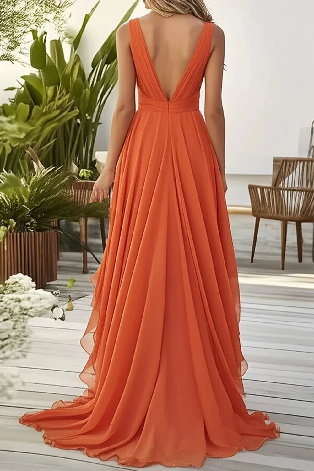 Orange Deep V - Neck Ruffled Evening Gown Orange Ruffled A Line Chiffon Wedding Guest Dress Evening Dress by YiHuiw