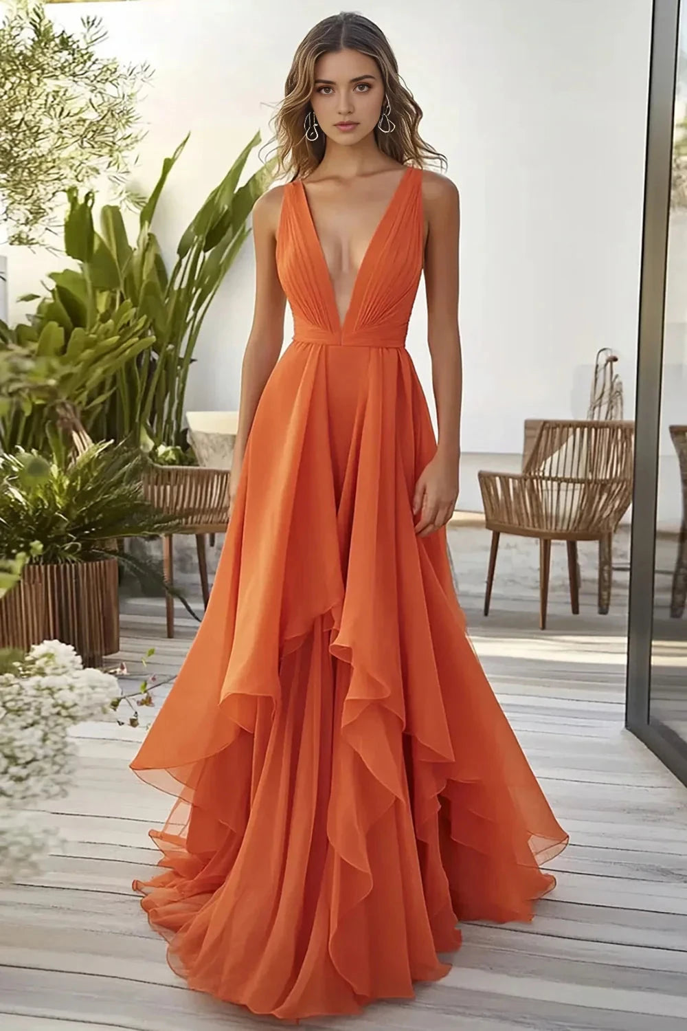 Orange Deep V - Neck Ruffled Evening Gown Orange Ruffled A Line Chiffon Wedding Guest Dress Evening Dress by YiHuiw