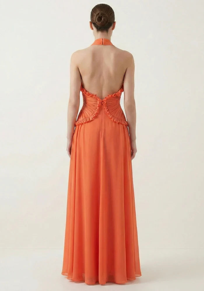 Orange Halter Chiffon Ruffled Floor-Length Wedding Dress - Yihuiw by Yihuiw