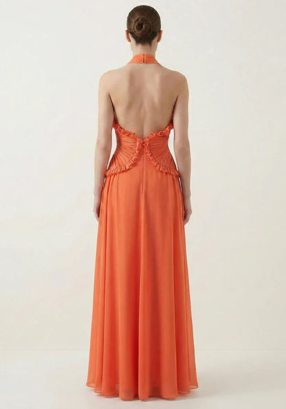 Orange Halter Chiffon Ruffled Floor-Length Wedding Dress - Yihuiw by Yihuiw
