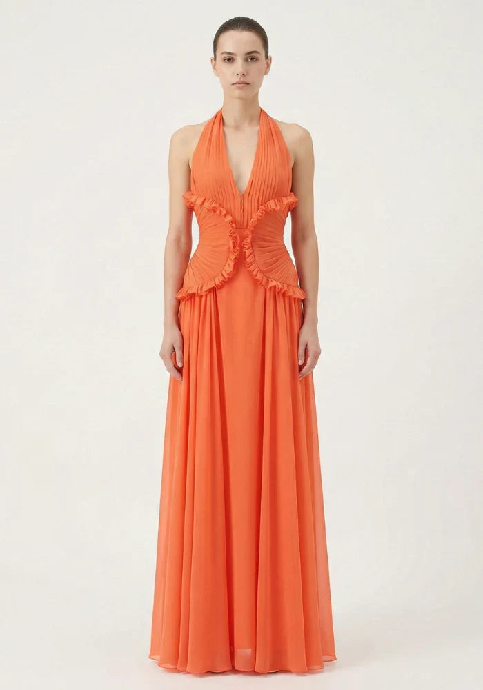 Orange Halter Chiffon Ruffled Floor-Length Wedding Dress - Yihuiw by Yihuiw