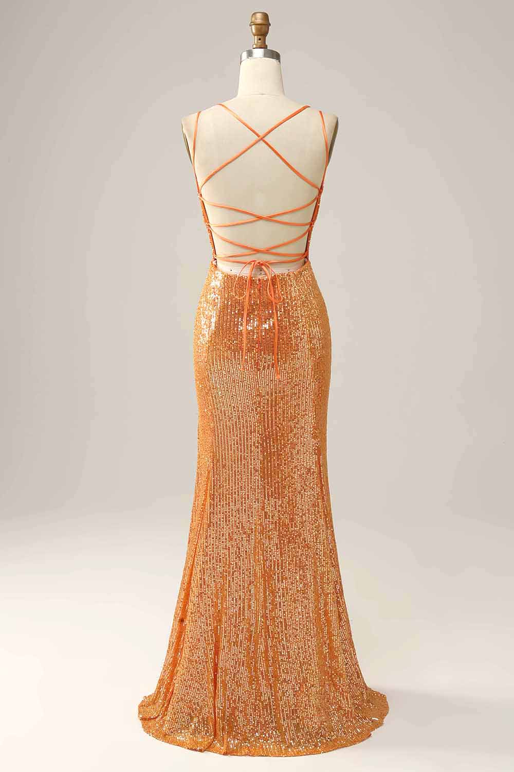 Orange Sequined Backless Mermaid Prom Dress by lanqidress