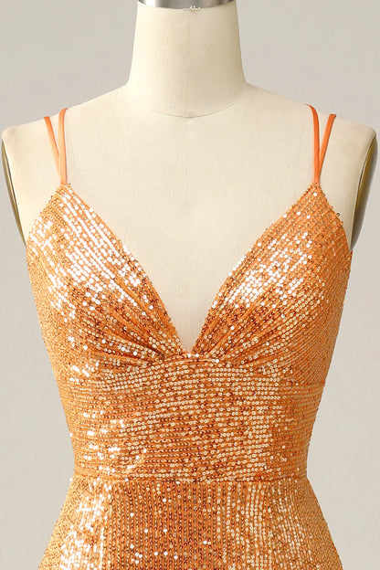Orange Sequined Backless Mermaid Prom Dress by lanqidress