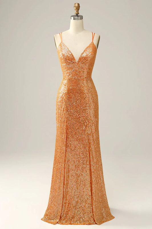 Champagne Sequin Mermaid Prom Dress with Spaghetti Straps and Open Back – Glamorous Formal Evening Gown