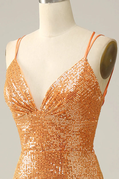 Vestido de graduación sirena color champán con lentejuelas, tirantes finos y espalda descubierta – Glamuroso vestido de noche formal