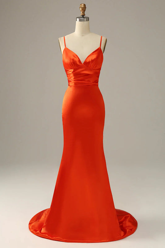 Burnt Orange Satin Mermaid Prom Dress with Spaghetti Straps and Open Back – Elegant Formal Evening Gown