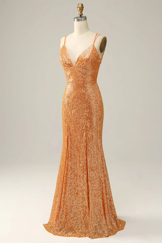 Champagne Sequin Mermaid Prom Dress with Spaghetti Straps and Open Back – Glamorous Formal Evening Gown