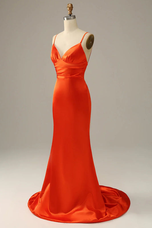Burnt Orange Satin Mermaid Prom Dress with Spaghetti Straps and Open Back – Elegant Formal Evening Gown