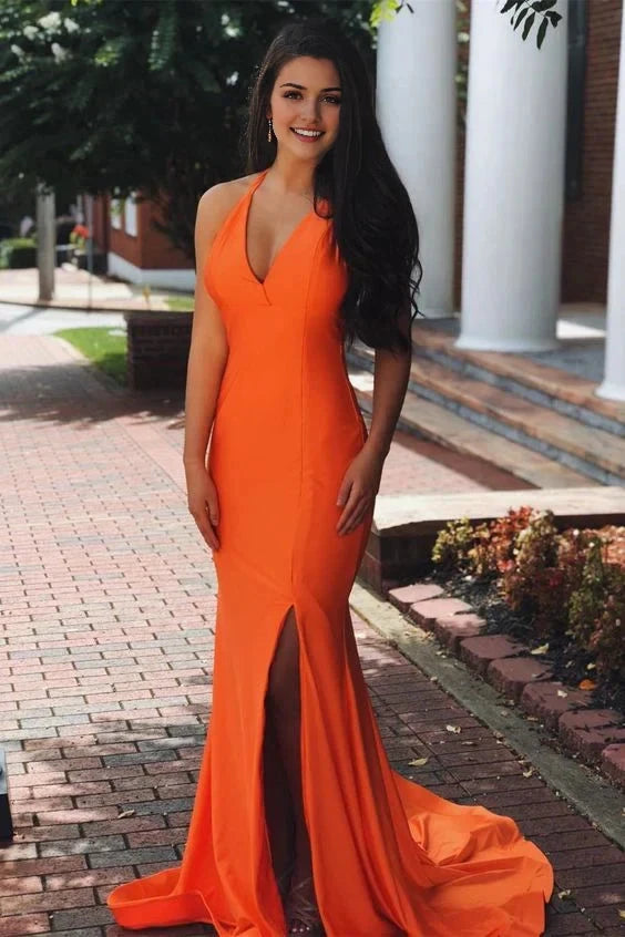 Orange neck hanging long dress, neck hanging design suitable for dinners, dances, etc by YiHuiw