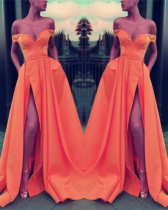 Orange off shoulder long dress with off shoulder design and deep V-neckline, high slit on the side, suitable for dinners, parties, etc by YiHuiw