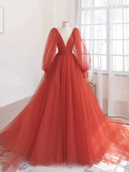 Orange v neck tulle long prom dress orange evening dress simple gentle atmospheric and unique desi Bring summer colors to enhance whitenes by YiHuiw