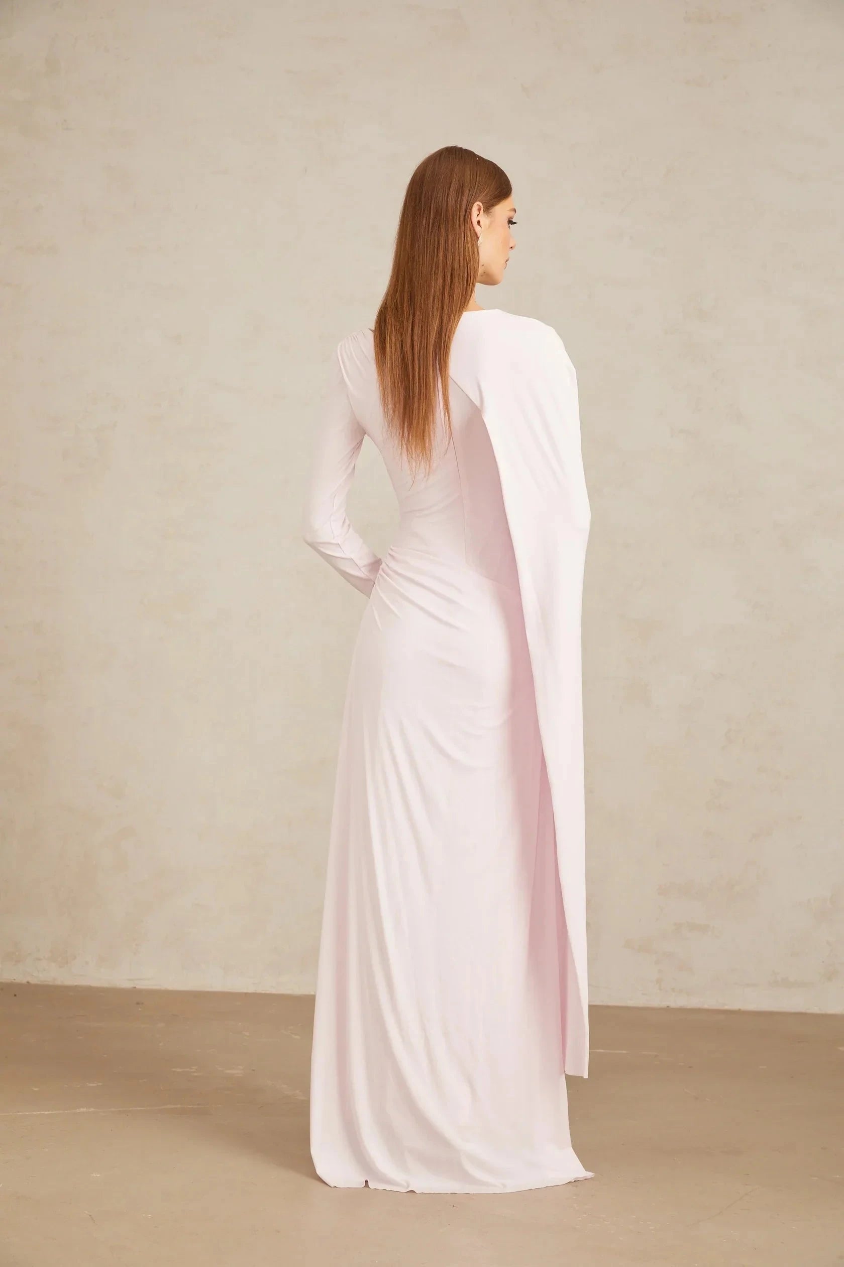 Pale Pink Asymmetric Draped Maxi Dress with Long Sleeve Pink Diagonal Shawl Fitted Maxi Dress Evening Dress by YiHuiw