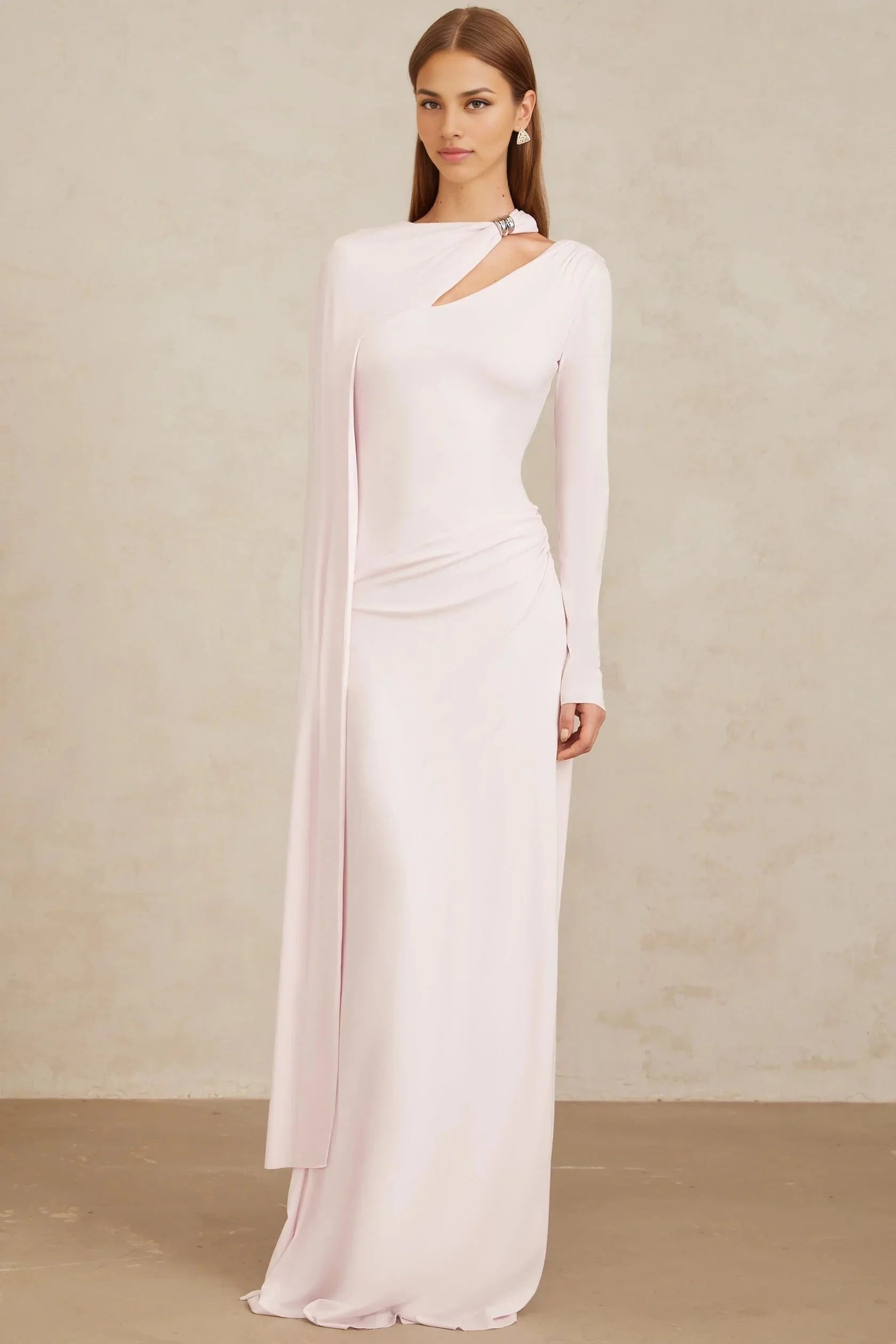 Pale Pink Asymmetric Draped Maxi Dress with Long Sleeve Pink Diagonal Shawl Fitted Maxi Dress Evening Dress by YiHuiw