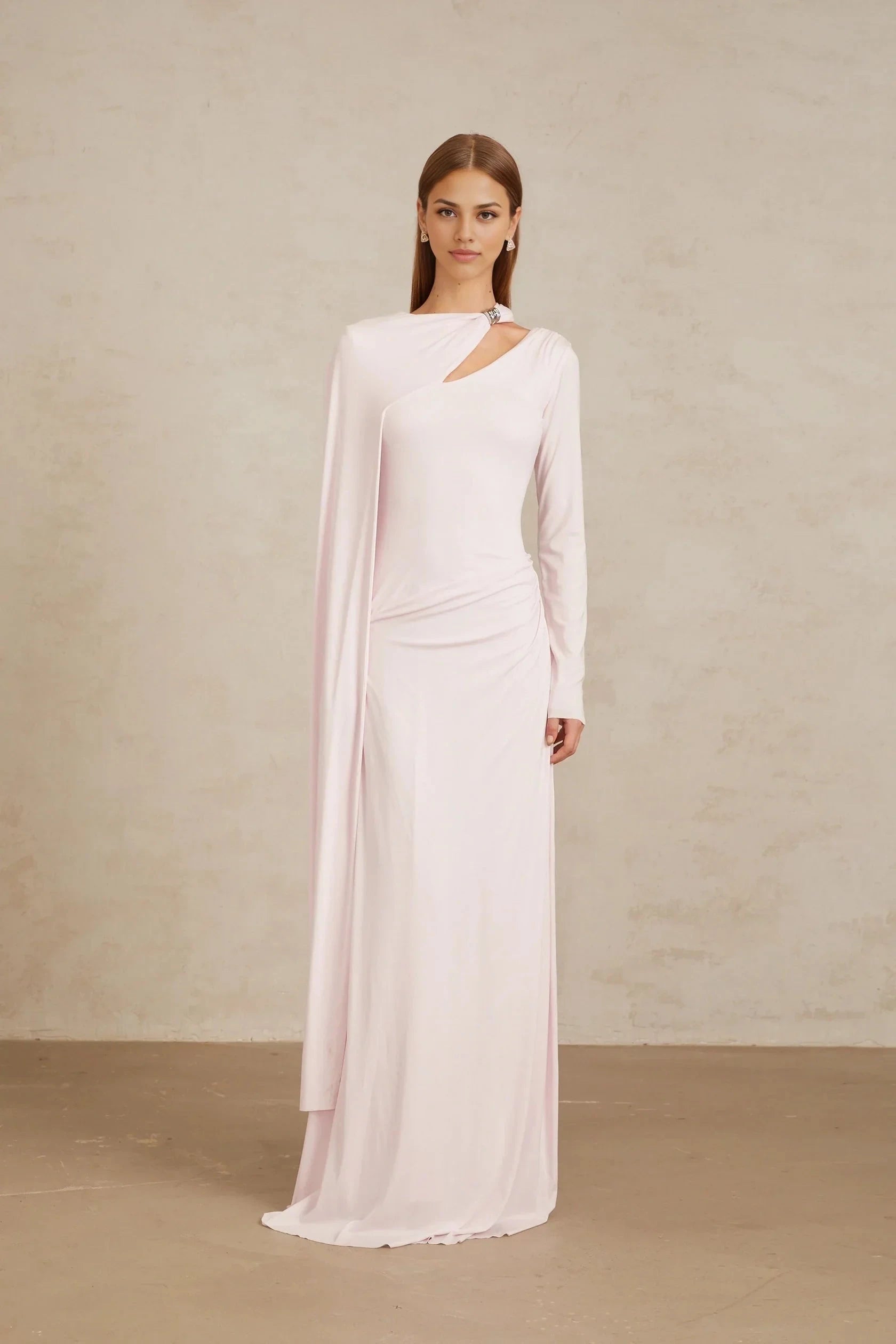 Pale Pink Asymmetric Draped Maxi Dress with Long Sleeve Pink Diagonal Shawl Fitted Maxi Dress Evening Dress by YiHuiw