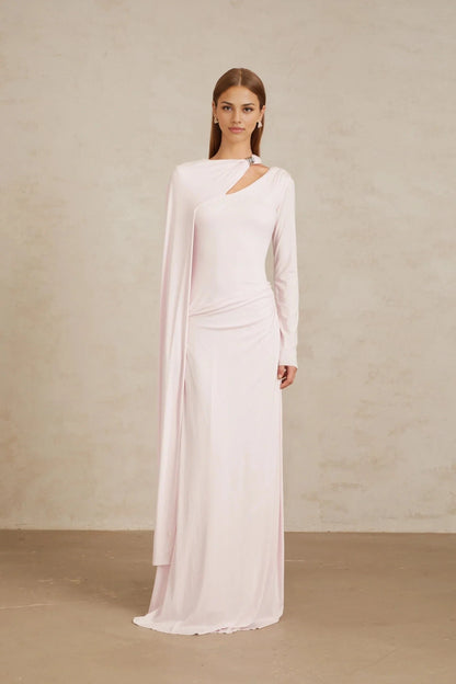 Pale Pink Asymmetric Draped Maxi Dress with Long Sleeve Pink Diagonal Shawl Fitted Maxi Dress Evening Dress by YiHuiw