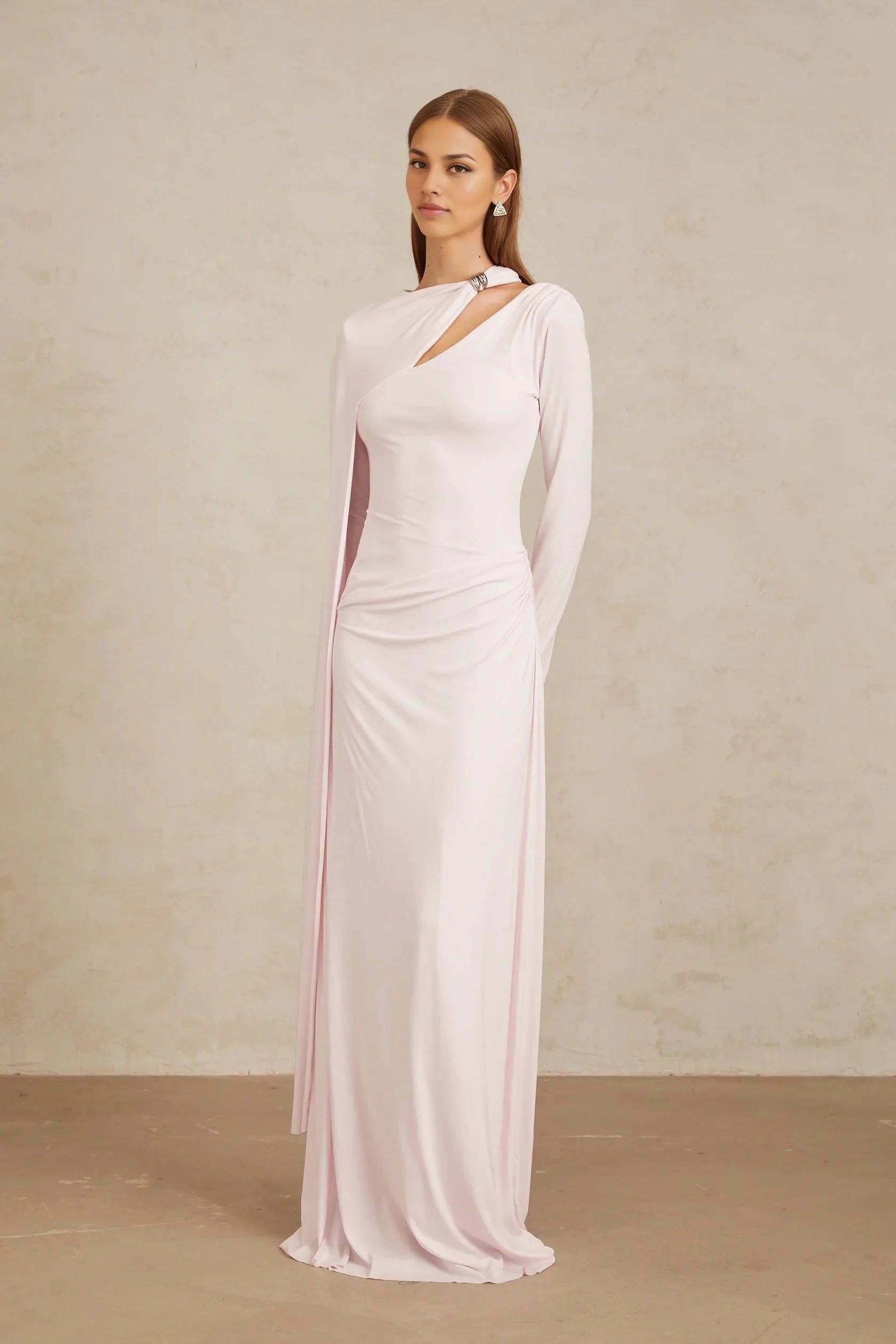 Pale Pink Asymmetric Draped Maxi Dress with Long Sleeve Pink Diagonal Shawl Fitted Maxi Dress Evening Dress by YiHuiw