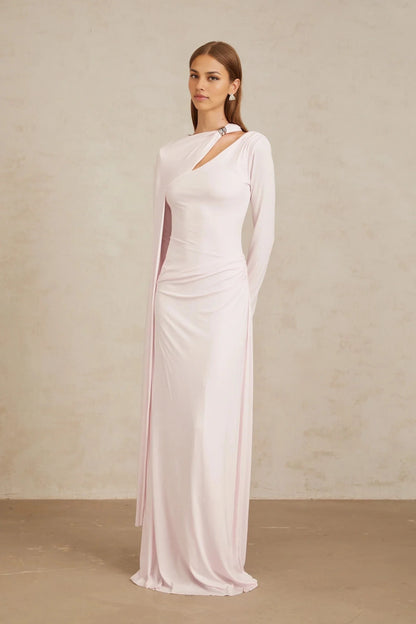 Pale Pink Asymmetric Draped Maxi Dress with Long Sleeve Pink Diagonal Shawl Fitted Maxi Dress Evening Dress by YiHuiw