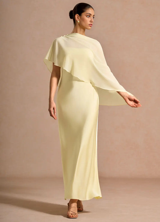 Yellow Satin Asymmetric Midi Wedding Dress - Yihuiw by Yihuiw