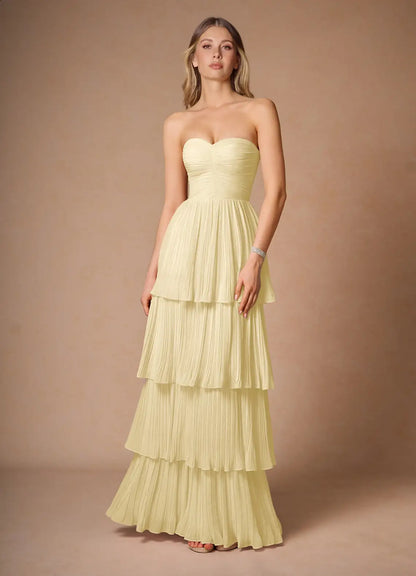 Yellow Strapless Chiffon Pleated Floor-Length Wedding Dress - Yihuiw by Yihuiw