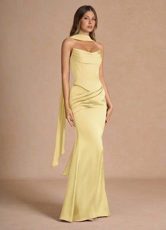 Yellow Mermaid Strapless Lace-Up Back Draped Floor-Length Wedding Dress - Yihuiw by Yihuiw
