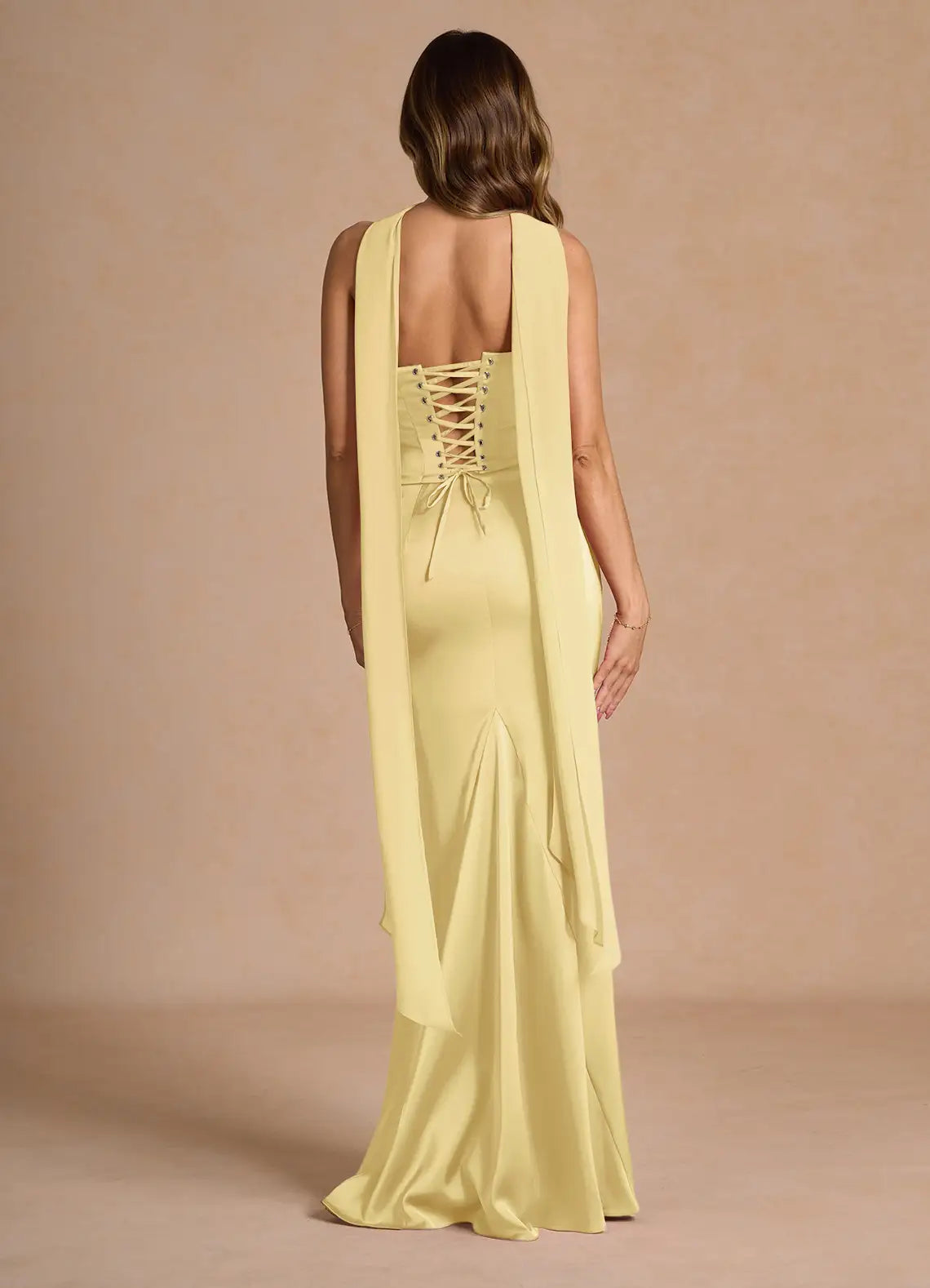 Yellow Mermaid Strapless Lace-Up Back Draped Floor-Length Wedding Dress - Yihuiw by Yihuiw