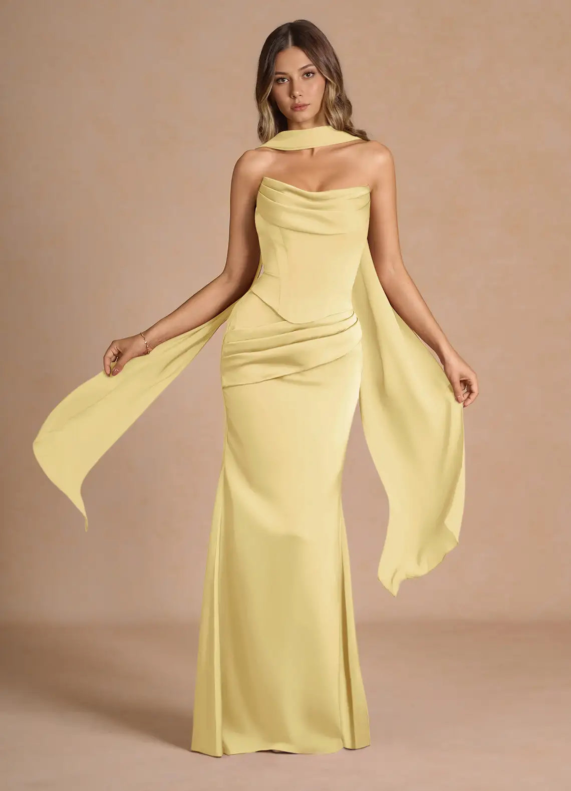 Yellow Mermaid Strapless Lace-Up Back Draped Floor-Length Wedding Dress - Yihuiw by Yihuiw