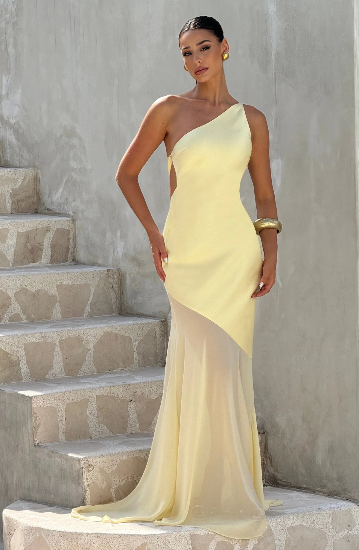 Yellow Mermaid One-Shoulder Cutout Floor-Length Wedding Dress - Yihuiw by Yihuiw
