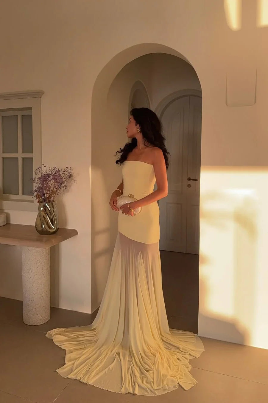 Yellow Strapless Chiffon Floor-Length Wedding Dress - Yihuiw by Yihuiw