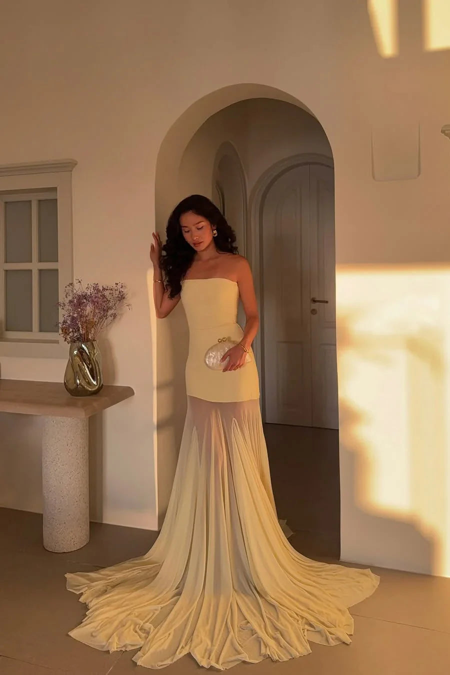 Yellow Strapless Chiffon Floor-Length Wedding Dress - Yihuiw by Yihuiw