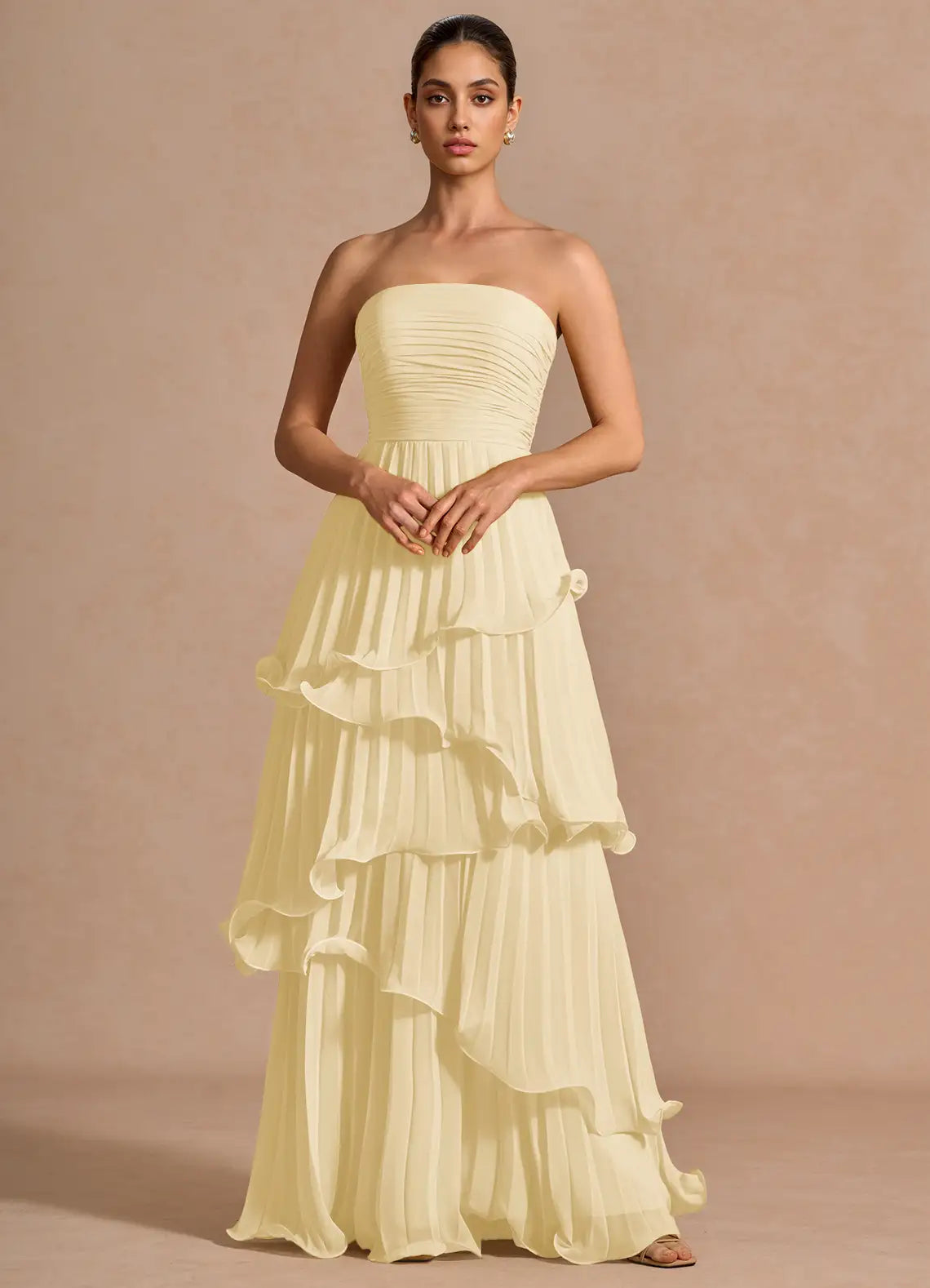 Yellow Strapless Pleated Floor-Length Wedding Dress - Yihuiw by Yihuiw