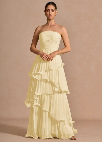 Yellow Strapless Pleated Floor-Length Wedding Dress - Yihuiw by Yihuiw