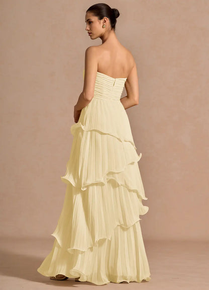 Yellow Strapless Pleated Floor-Length Wedding Dress - Yihuiw by Yihuiw
