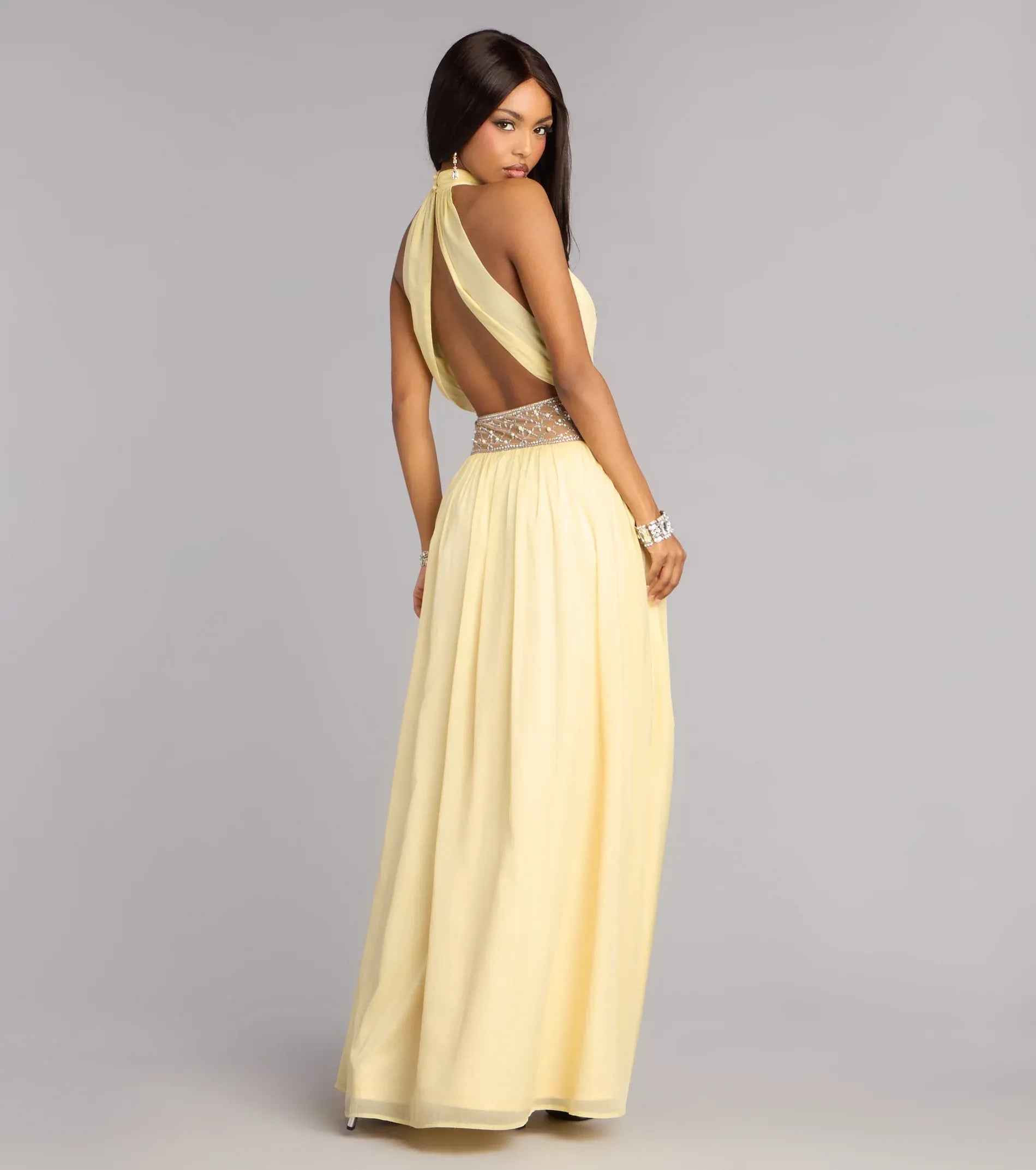 Yellow A-Line Halter Chiffon Open Back High Slit Floor-Length Wedding Dress - Yihuiw by Yihuiw