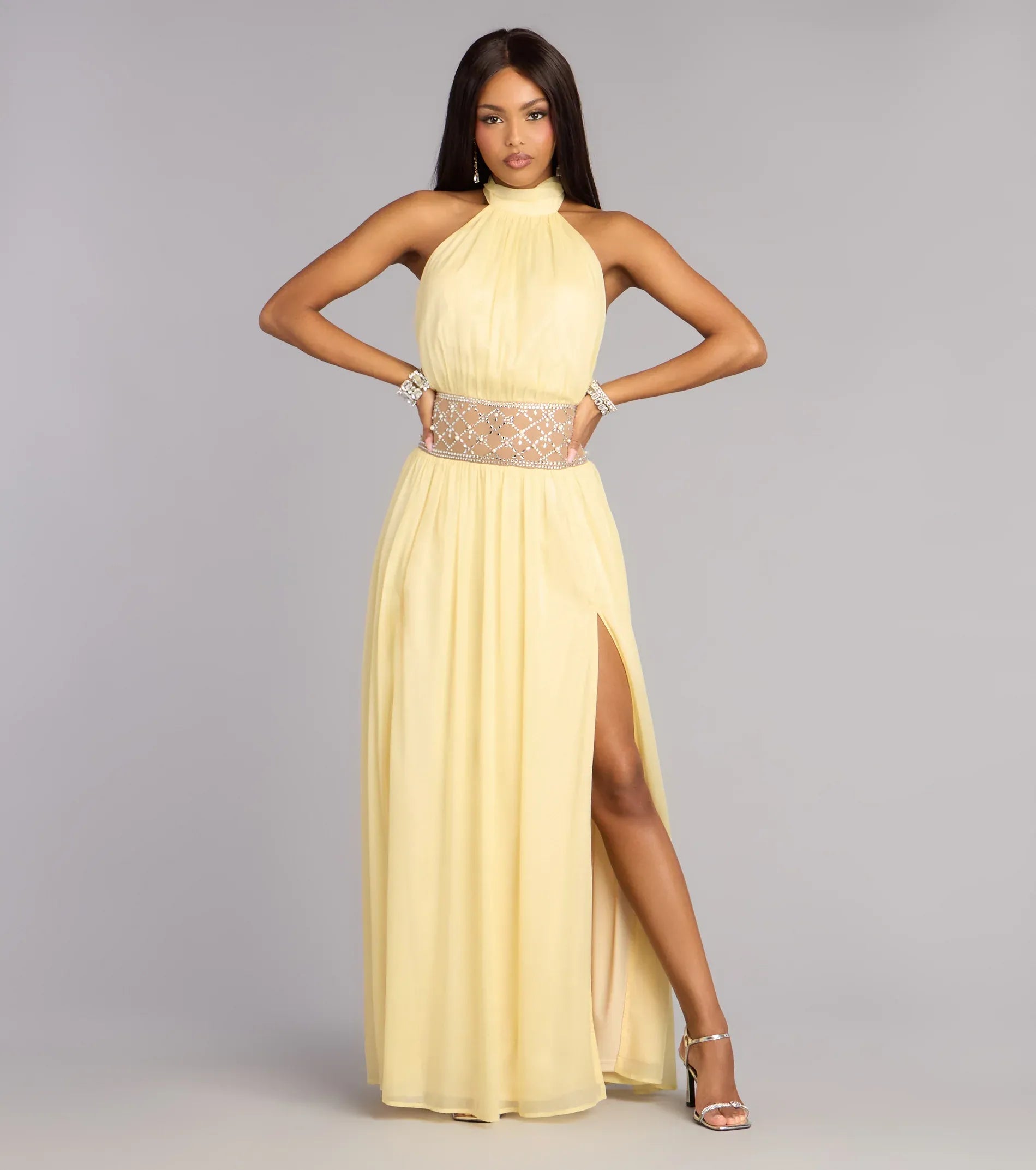Yellow A-Line Halter Chiffon Open Back High Slit Floor-Length Wedding Dress - Yihuiw by Yihuiw