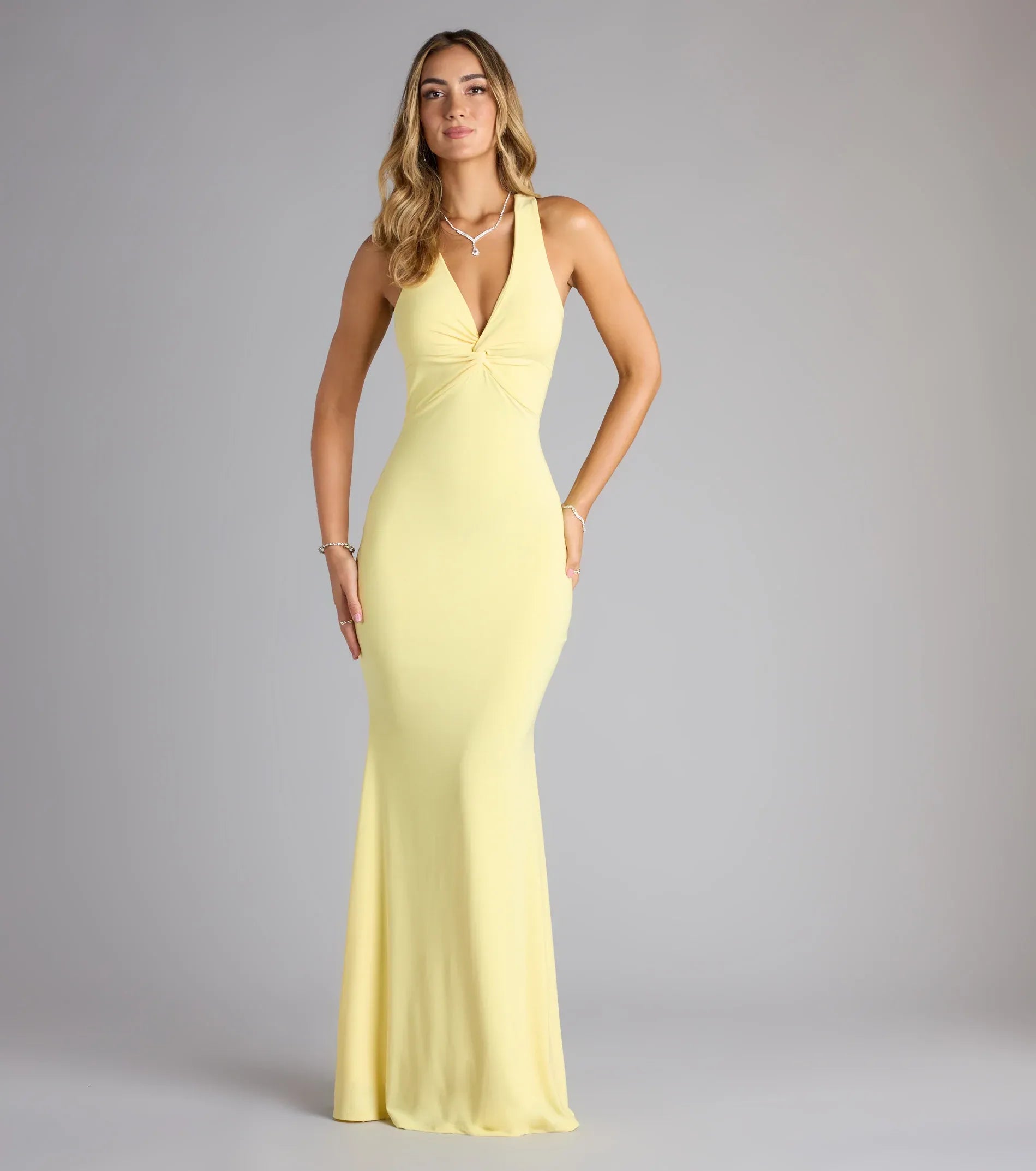 Yellow Mermaid Halter Cutout Floor-Length Wedding Dress - Yihuiw by Yihuiw