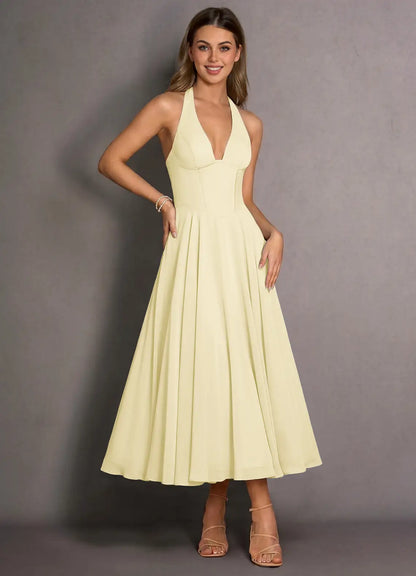 Yellow A-Line Halter Lace Lace-Up Back Midi Wedding Dress - Yihuiw by Yihuiw