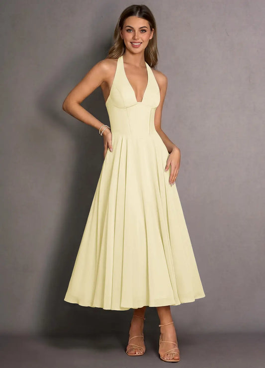 Yellow A-Line Halter Lace Lace-Up Back Midi Wedding Dress - Yihuiw by Yihuiw