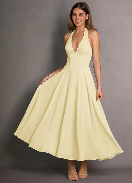 Yellow A-Line Halter Lace Lace-Up Back Midi Wedding Dress - Yihuiw by Yihuiw