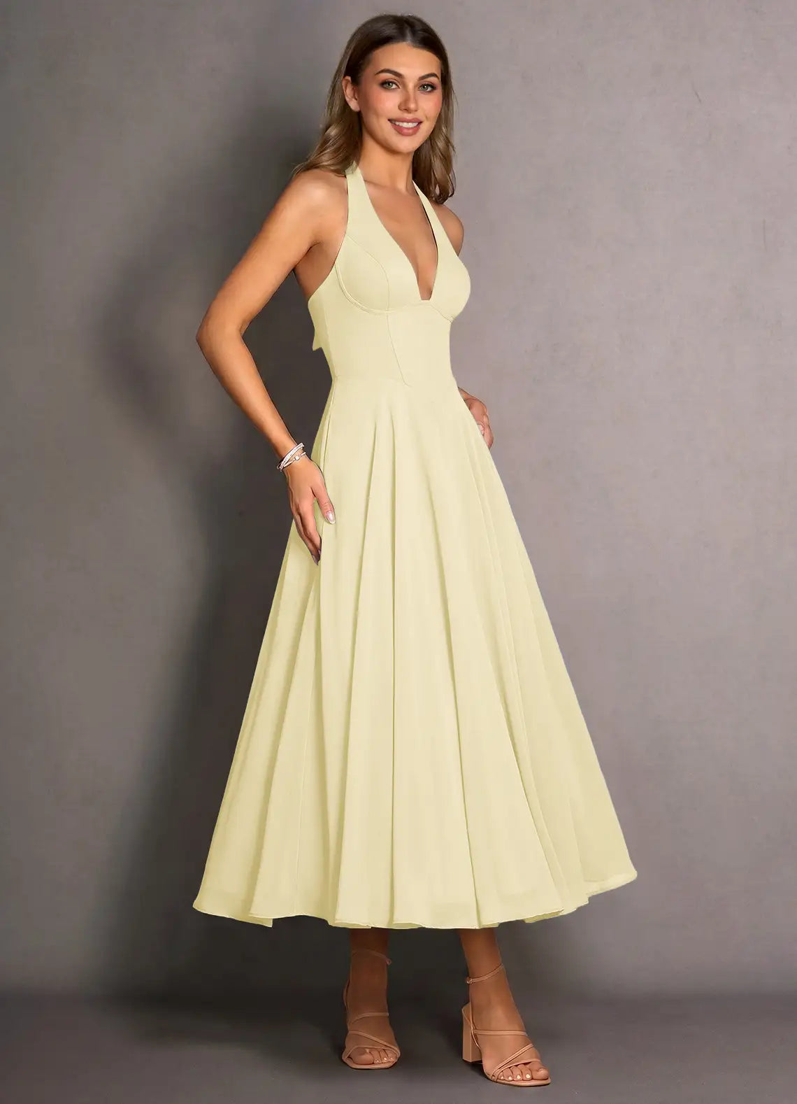 Yellow A-Line Halter Lace Lace-Up Back Midi Wedding Dress - Yihuiw by Yihuiw