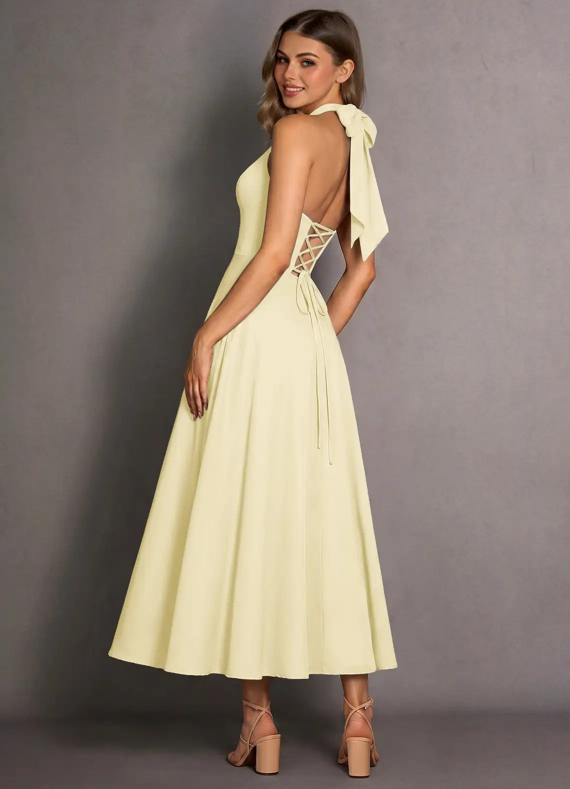 Yellow A-Line Halter Lace Lace-Up Back Midi Wedding Dress - Yihuiw by Yihuiw
