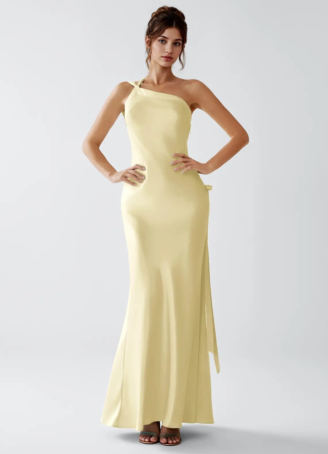 Yellow Mermaid One-Shoulder Satin Floor-Length Wedding Dress - Yihuiw by Yihuiw