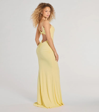 Yellow Mermaid Spaghetti Strap Ruched Floor-Length Homecoming Dress - Yihuiw by Yihuiw