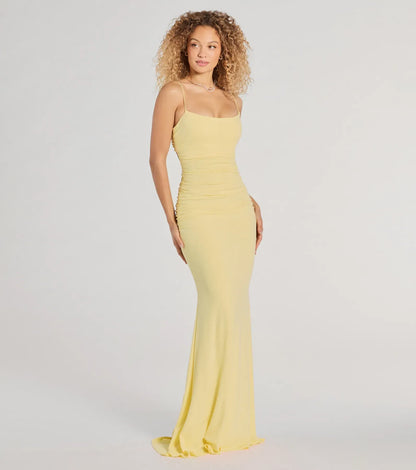 Yellow Mermaid Spaghetti Strap Ruched Floor-Length Homecoming Dress - Yihuiw by Yihuiw