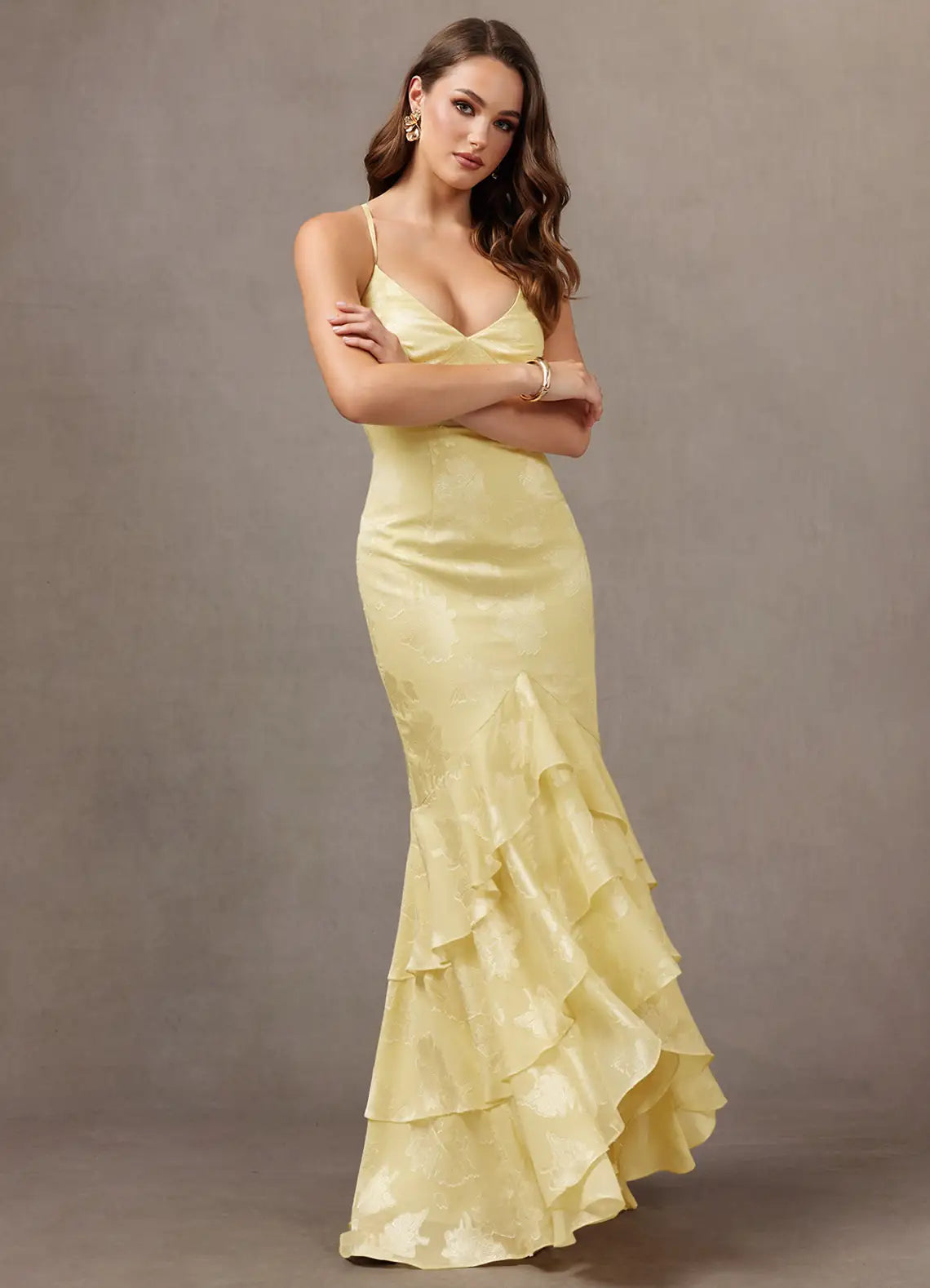 Yellow Mermaid V-Neck Ruffled Floor-Length Wedding Dress - Yihuiw by Yihuiw